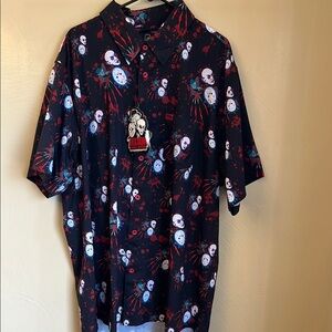 Casual Black and Red Button Down Shirt with Playful Pattern